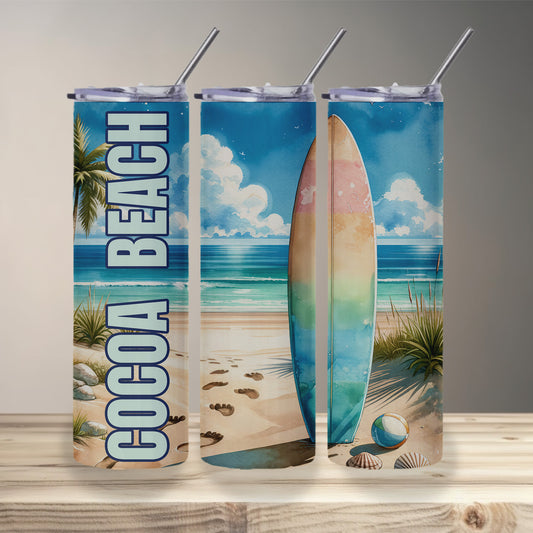 Cocoa Beach Surfboard Skinny Tumbler