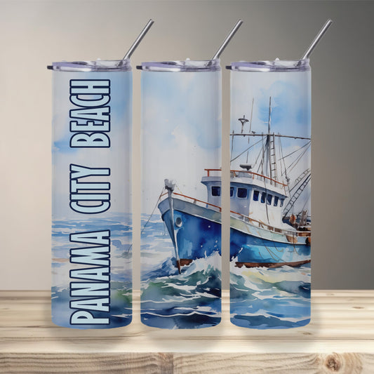 Panama City Beach Fishing Boat Skinny Tumbler