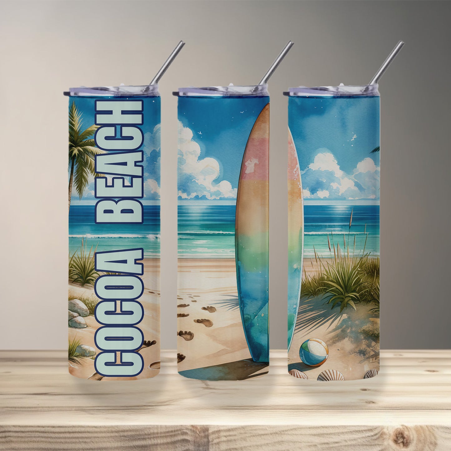 Cocoa Beach Surfboard Skinny Tumbler
