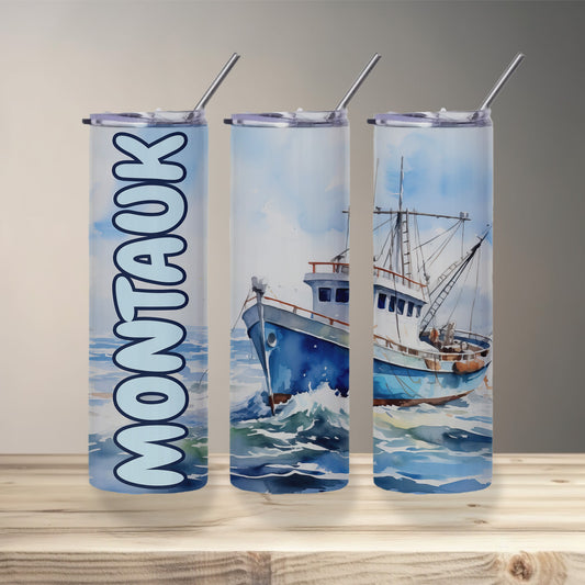 Montauk Fishing Boat Skinny Tumbler